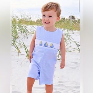NWT - Southern Sunshine - Boys Sailboat Smocked Blue Gingham Jon Jon - Size: 3T